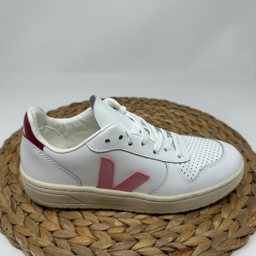 Veja White Sneakers with Pink V and Burgundy Heel Tab